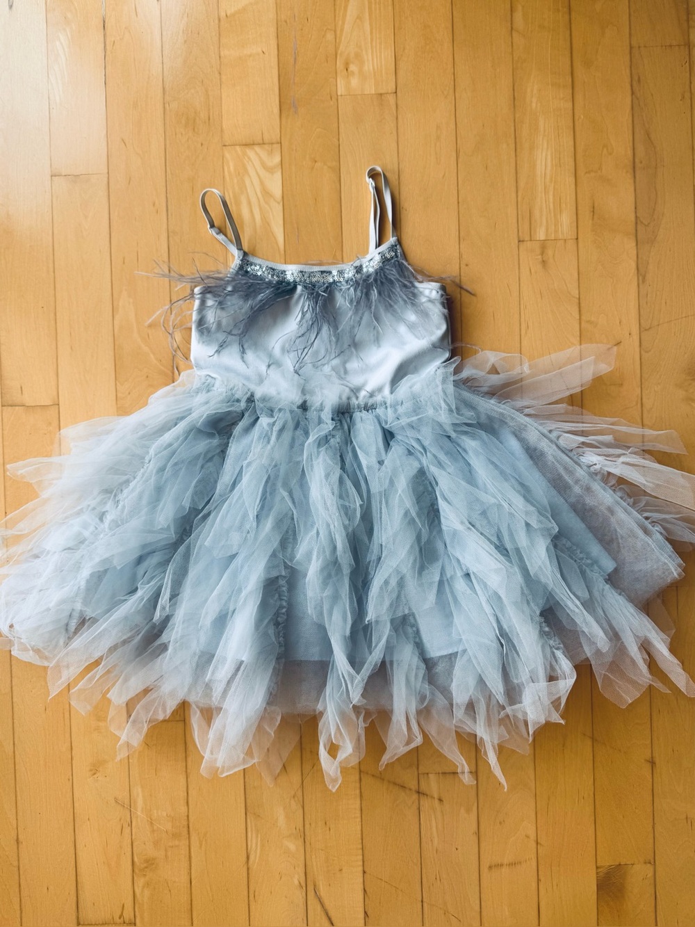 Petite Hailey Silver Feather-Trim Tulle Tutu Dress
